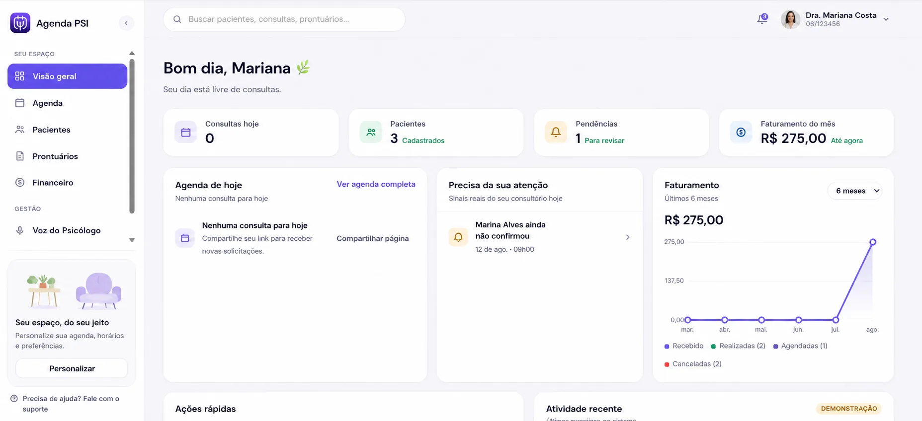 Dashboard demonstrativo do Agenda PSI com agenda, pacientes, pendências e faturamento