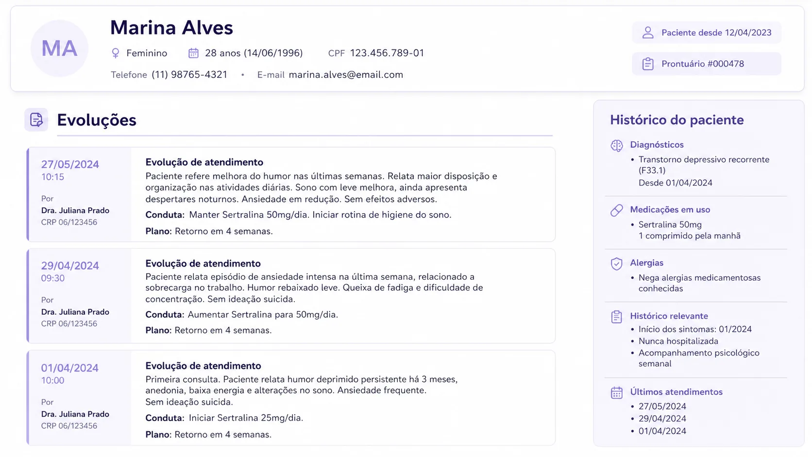 Recorte demonstrativo do prontuário do Agenda PSI com paciente, evoluções clínicas, datas e histórico fictícios